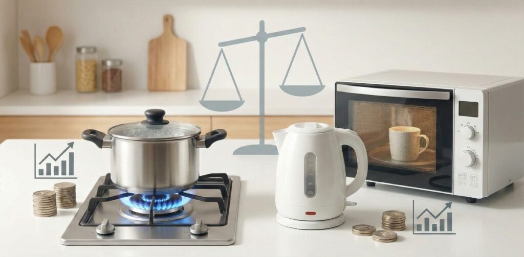 お湯を電子レンジやガスで沸かす時のコスト比較